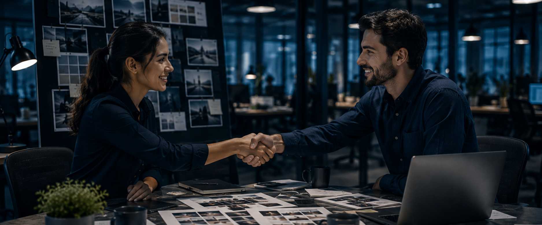 banner showing in-house agency shaking hands with creative production partner