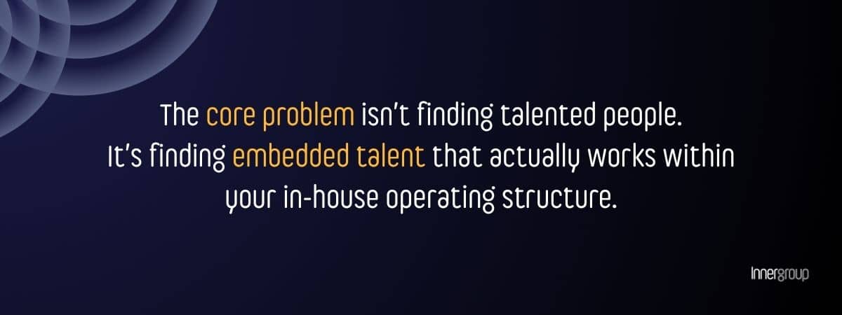 Quote on talent: 'The core problem isn’t finding talented people. It’s finding fractioning hiring service that actually works within your in-house operating structure.' on a dark navy gradient with circular corner design; Innergroup logo bottom right.